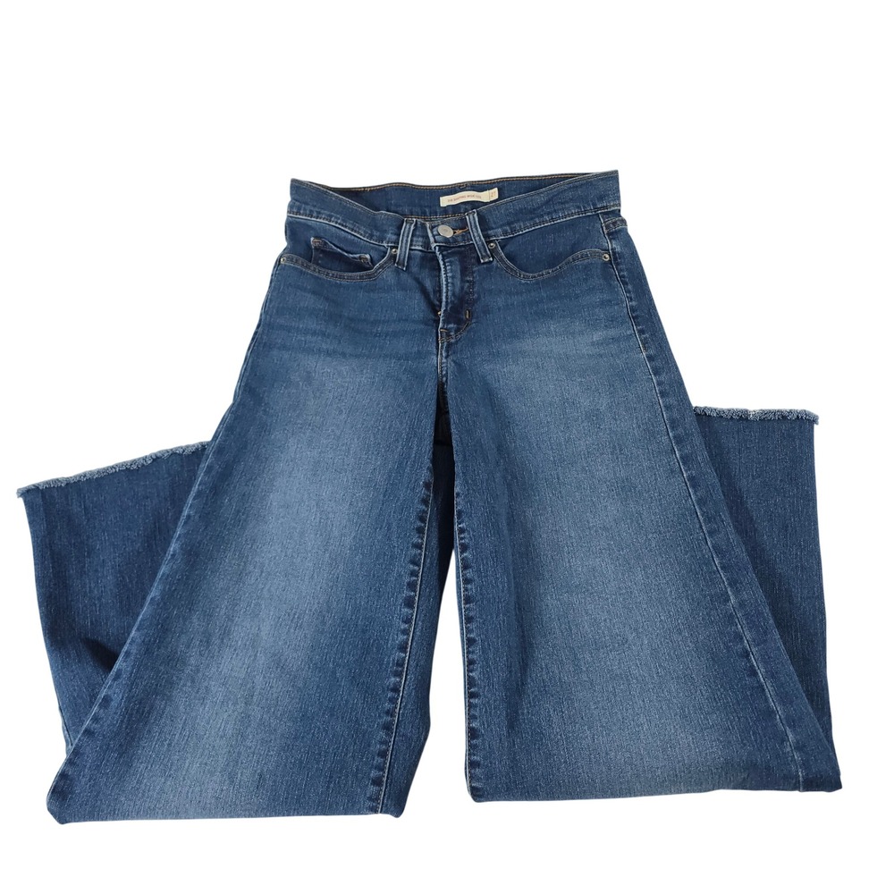 Levis 318 Shaping Wide Leg Jeans Medium Wash Raw Hem Blue Denim W27 L32
